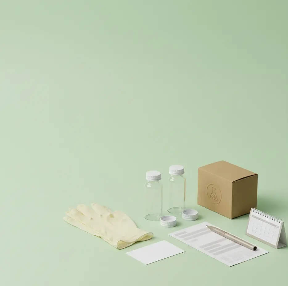 ein ungeöffnetes Paar helle Nitrilhandschuhe, zwei klare Probengefäße mit weißen Deckeln (ein Deckel daneben liegend), eine leere weiße Etikettenkarte ohne Schrift, ein neutraler Stift, ein gefaltetes Anleitungsblatt ohne sichtbaren Text (nur angedeutete graue Flächen), ein kleiner geschlossener Versandkarton/Polsterumschlag und eine kleine neutrale Kalenderkarte