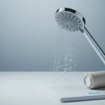 Minimalistisches Studiofoto eines Duschkopfs mit fließendem Wasser, daneben eine geöffnete Filterkartusche und eine nasse Keramikfliese als Hinweis auf Kalk und Chlor.