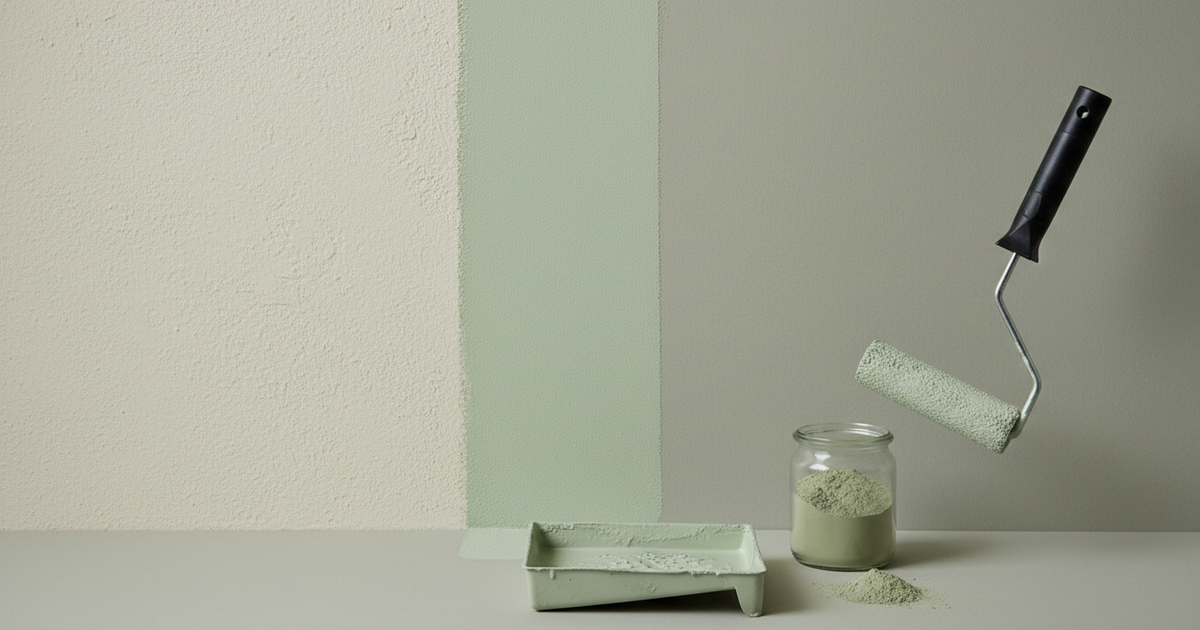 Farbroller trägt pastellgrüne natürliche Wandfarbe auf eine matte Kalkputzwand auf; daneben Malerwanne und offenes Pigmentglas im minimalistischen Studio.