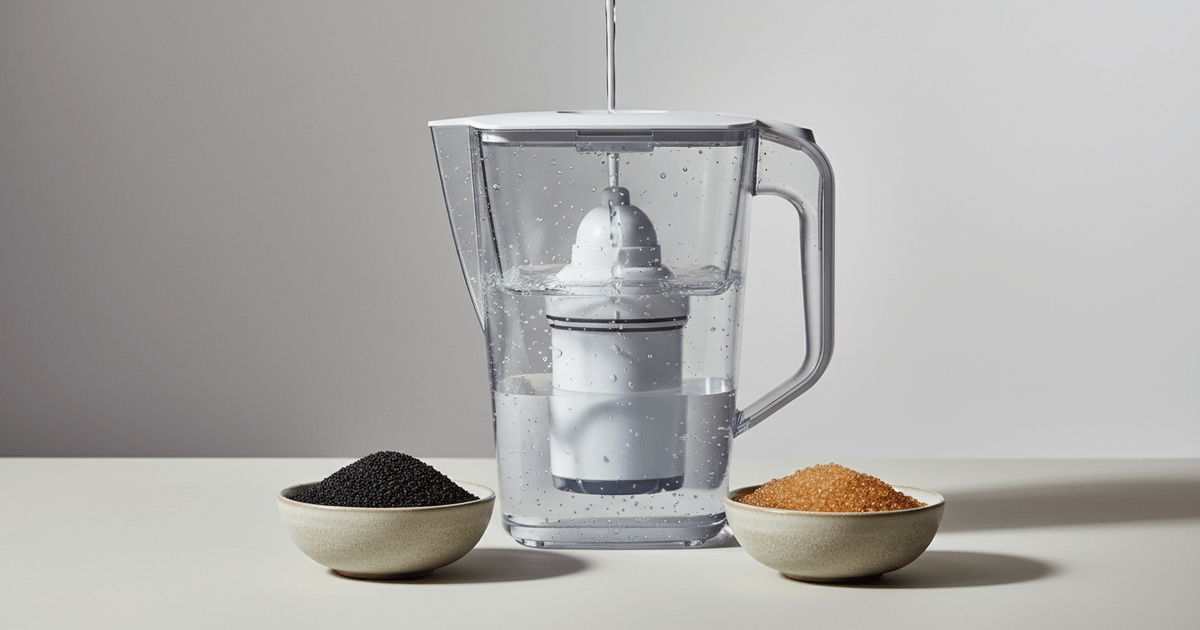Minimalistisches Studio-Stillleben: Wasserfilter-Kanne filtert Leitungswasser, daneben Keramikschalen mit Aktivkohlegranulat und Ionenaustauscherharz.