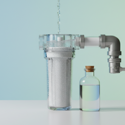 Transparenter Inline-Sedimentfilter in Regenwasserleitung, Wasser strömt sanft; daneben Absperrhahn und leere Glas-Probenflasche, minimalistisches Studio