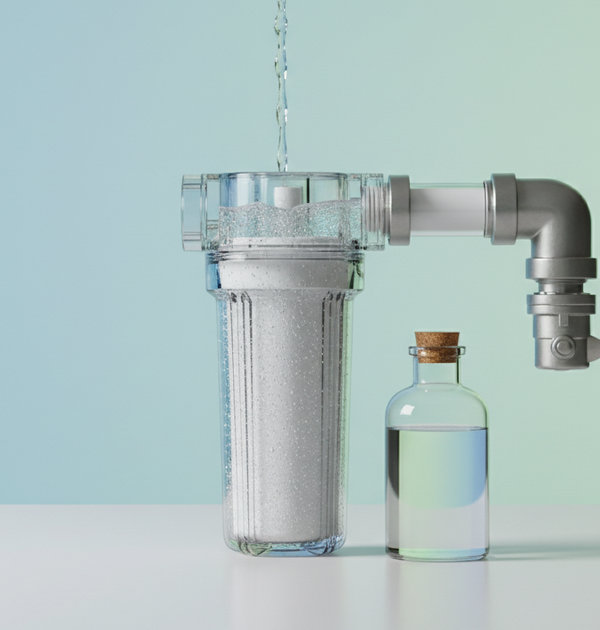 Wasserhygiene bei Regenwassernutzung im Haus Transparenter Inline-Sedimentfilter in Regenwasserleitung, Wasser strömt sanft; daneben Absperrhahn und leere Glas-Probenflasche, minimalistisches Studio