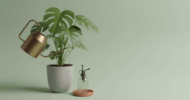 Minimalistisches Studio-Stillleben: Monstera im Keramiktopf wird mit Metall-Gießkanne gegossen; Sprühflasche und Untersetzer als Funktionshinweis.