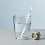 Wasserhärte Teststreifen im Glas Leitungswasser, daneben ein kalkiger Perlator als Hinweis auf Kalkbildung