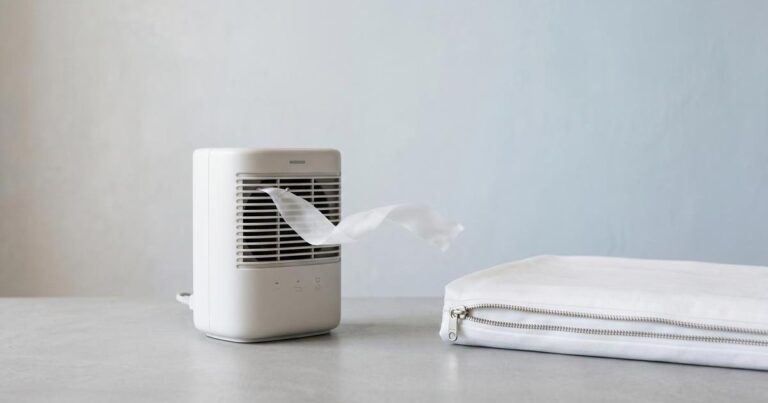 Luftreiniger mit HEPA Filter im Studio neben allergikerfreundlichem Kissenbezug