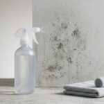 Studio-Stillleben: schlichte Sprühflasche befeuchtet Wandpaneel mit Schimmelflecken, daneben Mikrofasertuch und Lackierrolle, viel Negativraum.