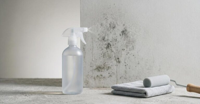 Studio-Stillleben: schlichte Sprühflasche befeuchtet Wandpaneel mit Schimmelflecken, daneben Mikrofasertuch und Lackierrolle, viel Negativraum.