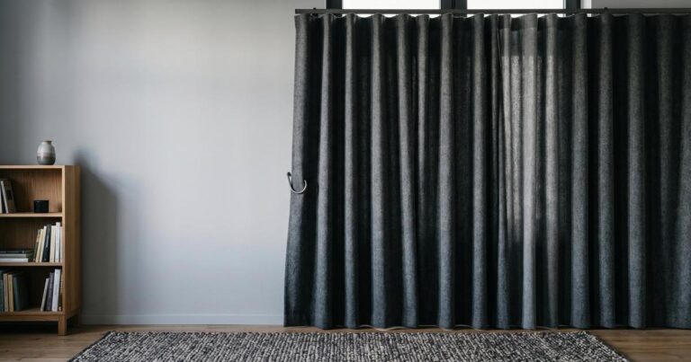 Schallschutzvorhang vor Fenster mit dichtem Teppich im Studio, minimalistisch, weiches Seitenlicht, pastellene Farbwelt und viel Negativraum