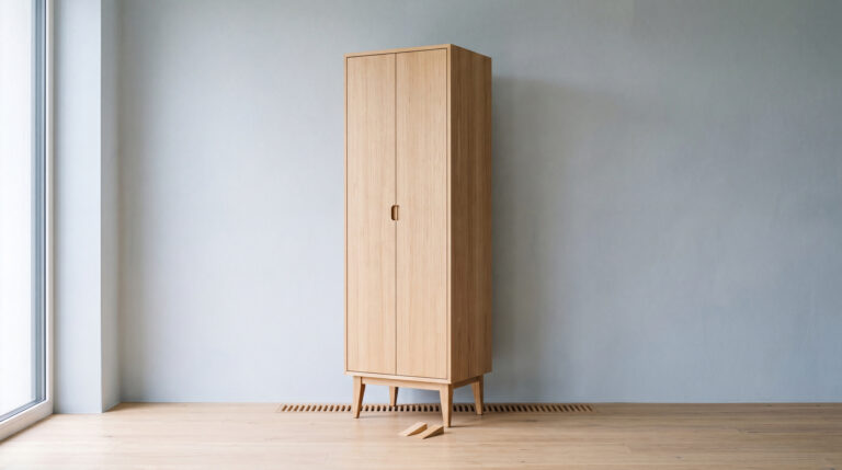 Kleiderschrank mit sichtbarem Wandabstand im Studio, Holzkeile und Luftgitter als Hinweis auf Hinterlüftung