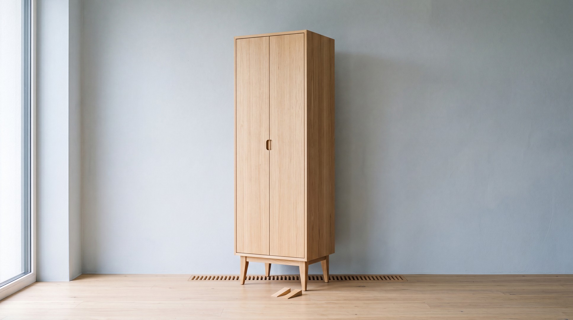 Kleiderschrank mit sichtbarem Wandabstand im Studio, Holzkeile und Luftgitter als Hinweis auf Hinterlüftung