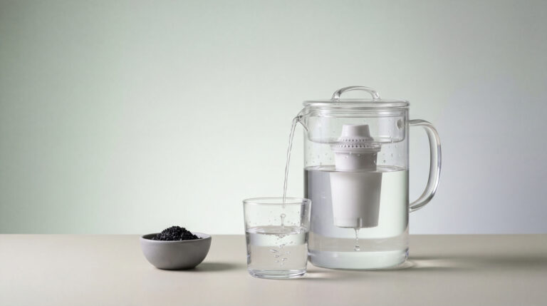 Minimalistisches Stillleben mit Tischwasserfilter, der Leitungswasser in ein Glas filtert, daneben Aktivkohlegranulat als Hinweis auf PFAS Reduktion.