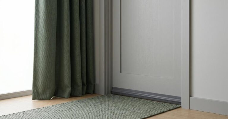 Minimalistisches Stillleben: Türbodendichtung dichtet Schlafzimmer Türspalt ab neben schwerem Vorhang und Teppichläufer
