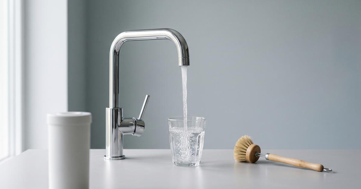 Küchenarmatur füllt ein Trinkglas, daneben Reinigungsbürste und Filterkartusche, minimalistisches Studio Stillleben mit viel Negativraum