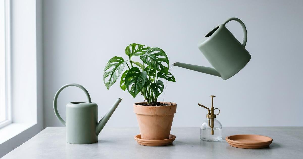Keramik Gießkanne gießt eine Monstera im Tontopf, daneben Pflanzensprüher und Ton Untersetzer in einem pastellfarbenen Studio Setup.